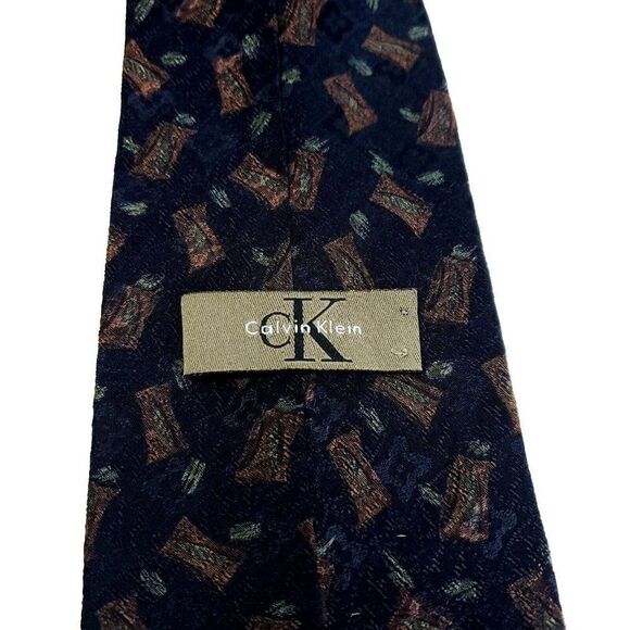 Calvin Klein Navy Blue Brown Jacquard Print Abstract Wide Silk Tie - Picture 3 of 6